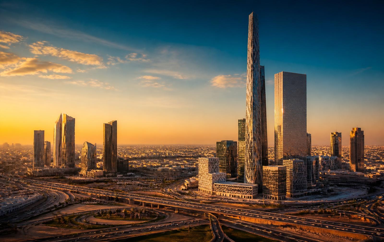 Middle East business district skyline at sunset